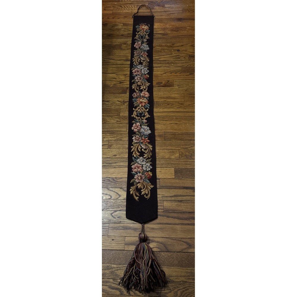 Vintage Needlepoint Bell Pull with Brass Dowel Brown Floral Ornate Classic 80"